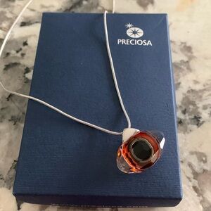 Preciosa Czech Glass Eye Shaped Pendant on a Silver Tone Necklace 17”